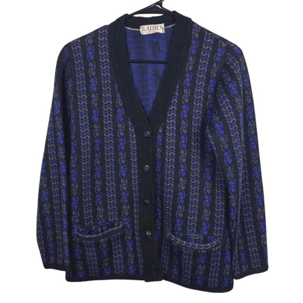 Vintage‎ Knit Cardigan Blue Black Pattern Button Cottagecore Academia